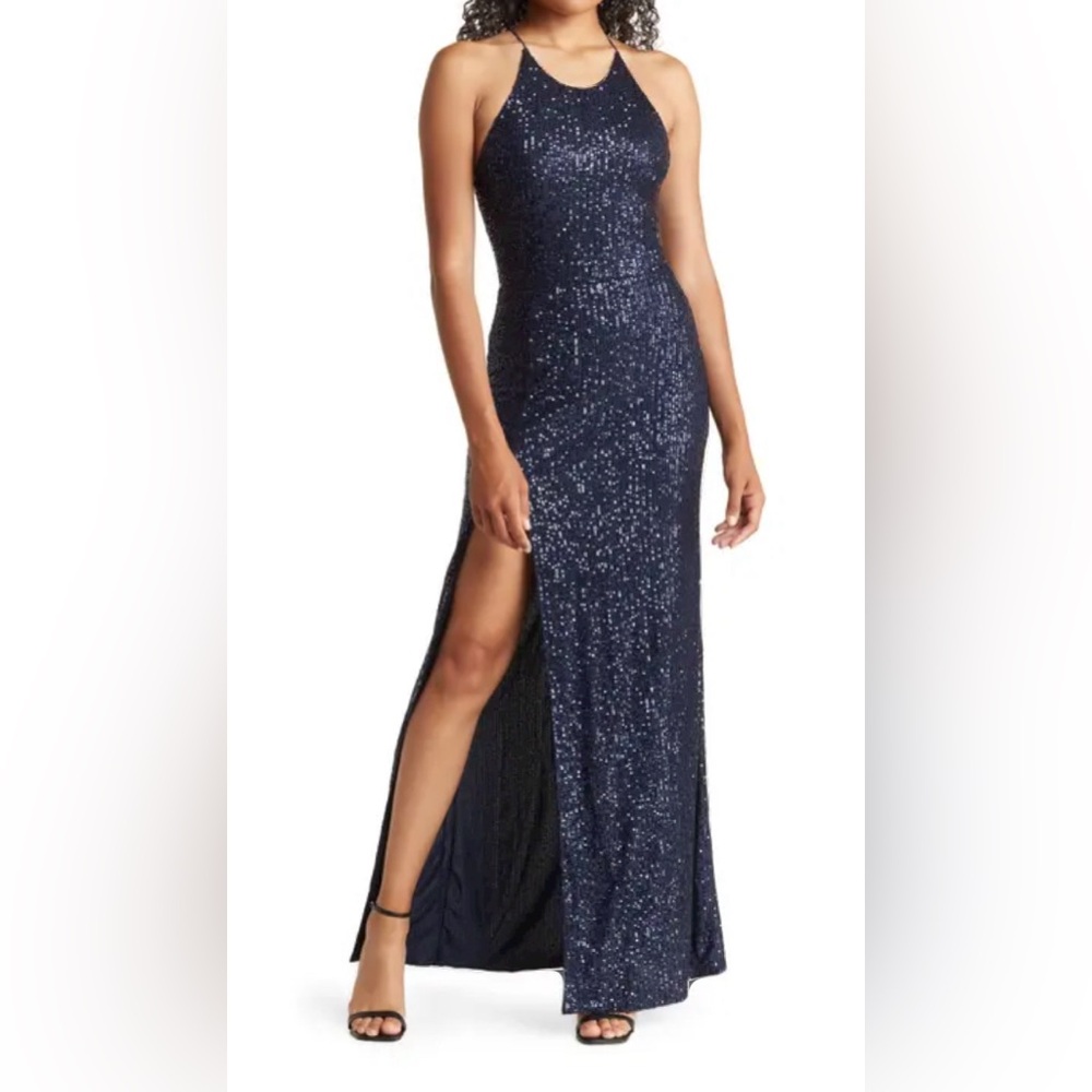 Navy open back, high neck gown